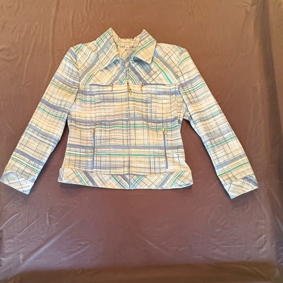 St John Cream/Teal/Blue Watercolor Plaid Gold Zip Jacket Size Large $425 - Picture 5 of 13